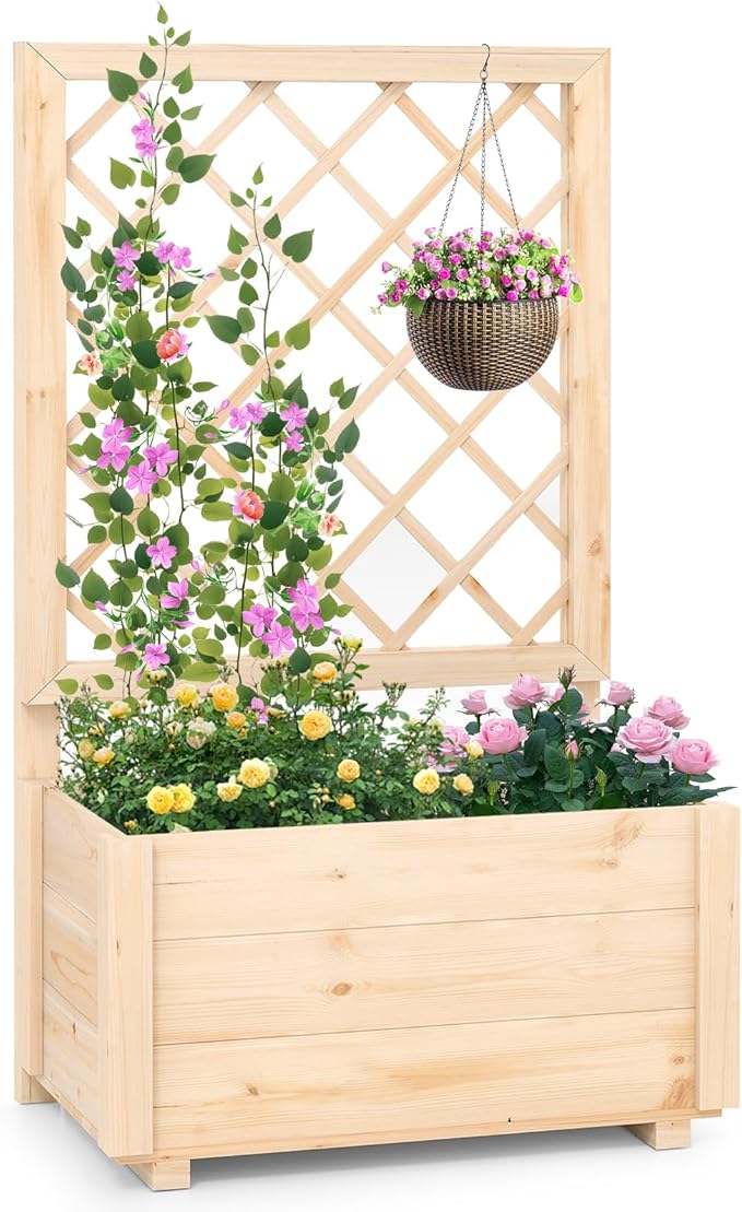 Giantex Raised Garden Bed with Trellis Wooden Elevated Planter Box for Climbing Plants Outdoor Garden Planter for Vegetables Flowers Herbs Patio Balcony Planting Box 23 x 14 x 40 Inch