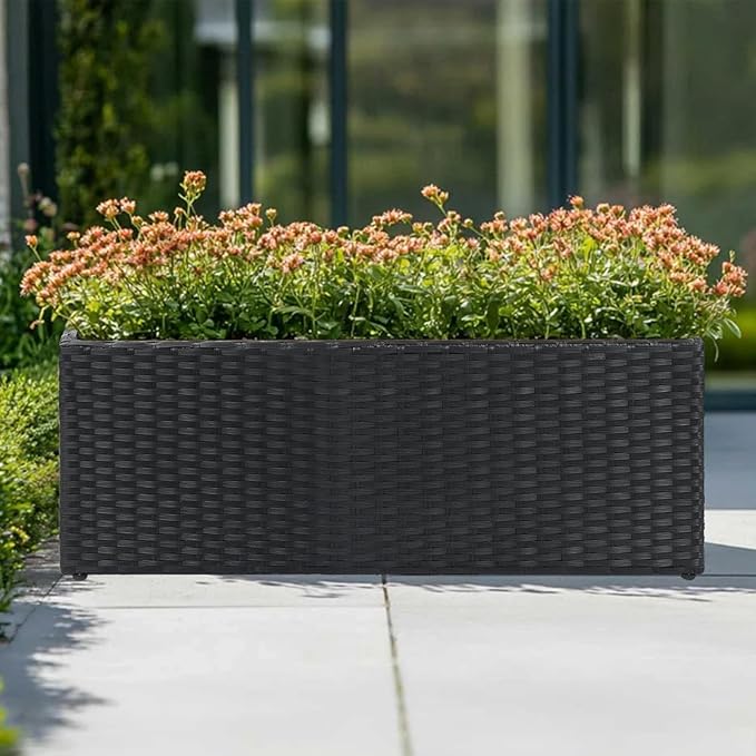 LEWIS&ampWAYNE Large Rectangular Block Planter Box Handmade Wicker Tall Planters for Outdoor Plants with Removable Liners Modern Planter for Indoor Outdoor Patio Deck - Black 30''x12''x16''