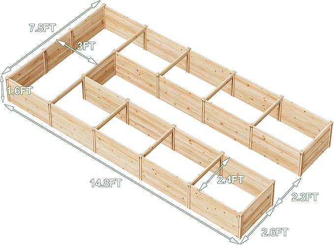 AMERLIFE U-Shaped Raised Garden Bed 7.5Wx15Dx1.6H Free Combination Outdoor Wooden Raised Garden Bed Planter with 19.6 Depth Planter Box