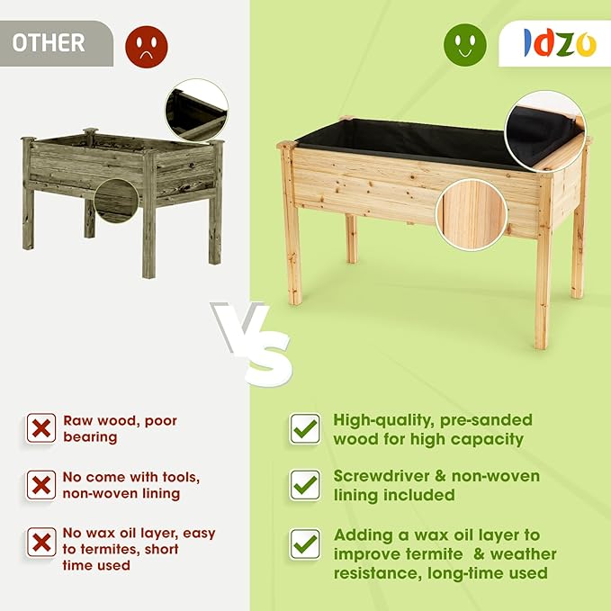 Idzo Raised Garden Bed with Legs Durable Elevated Garden Box with Wax Oil Coated 48x24x30in Wood Planter with Big Planter Box Load Up to 220 Pounds Ergonomic Height for Convenient Plants Care