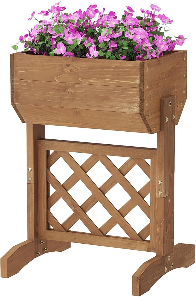 Raised Garden Bed with Diamond Lattice TrellisWood Planter Box Stand for Backyard Patio BalconyOutdoors (Brown)