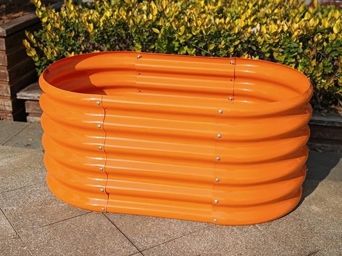 A ANLEOLIFE Kids Mini Raised Garden Beds Outdoor (3-Pack)-40x24x18in Oval Round Galvanized Metal Planter Box for Planting Vegetables Flowers Fruits Eco-Safe &amp Easy Setup Peach Orange