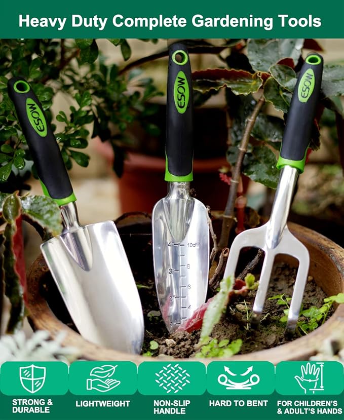 ESOW Garden Tool Set 3 Piece Cast-Aluminum Heavy Duty Gardening Kit Includes Hand Trowel Transplant Trowel and Cultivator Hand Rake with Soft Rubberized Non-Slip Ergonomic Handle Garden Gifts