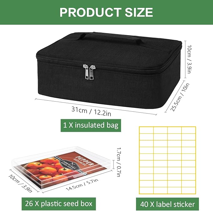 26 Slots Seed Storage Organizer Box with Insulated Bag That Holds 80-200 Seed Envelopes Oxford Cloth Garden Seed Containers with Labels Seed Packet Organizer for Plant Flower Vegetable Seeds