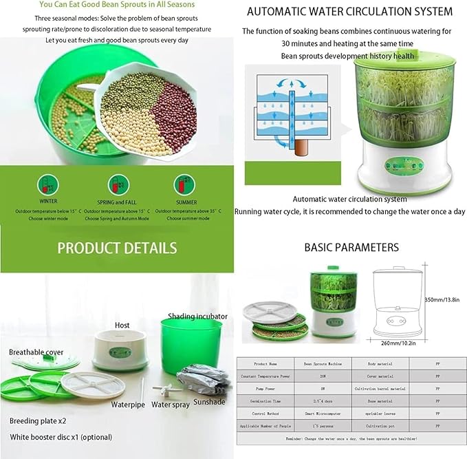 Automatic Sprouter Bean Growing Machine Seed Sprout Maker with PTC Heating 360° Sprinkler Seed Sprouter Kit Large Capacity Seed Grow Cere