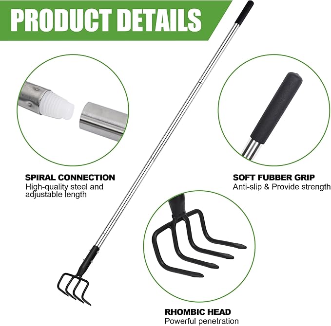 Long Hand Cultivator Carbon Steel &amp Stainless Steel Tiller Cultivator Garden Cultivator with Telescopic Handle and Soft Handle Cover Hand Tiller for Digging Loosening Weeding