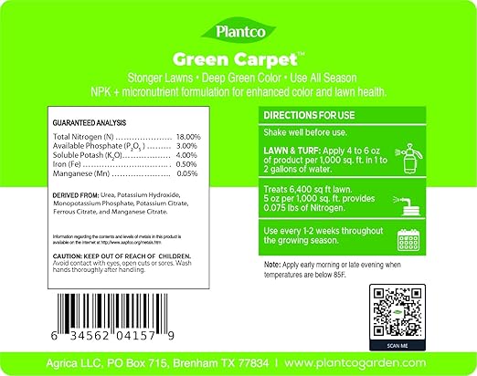 Green Carpet Lawn Liquid Fertilizer with Balanced NPK 18-3-4 with micronutrients | Lawn Food Quality Liquid Fertilizer - Spring &amp Summer Concentrated Spray - Any Grass Type (32 oz Bottle)