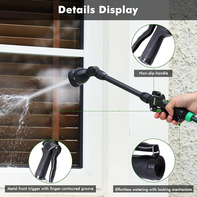 RESTMO Metal Watering Wand Heavy Duty Garden Hose Wand with 180° Swivel Head 16'' Hose Nozzle Sprayer with 7 Spray Patterns and Flow Control for Water Hanging Baskets and Shrubs Flash Black