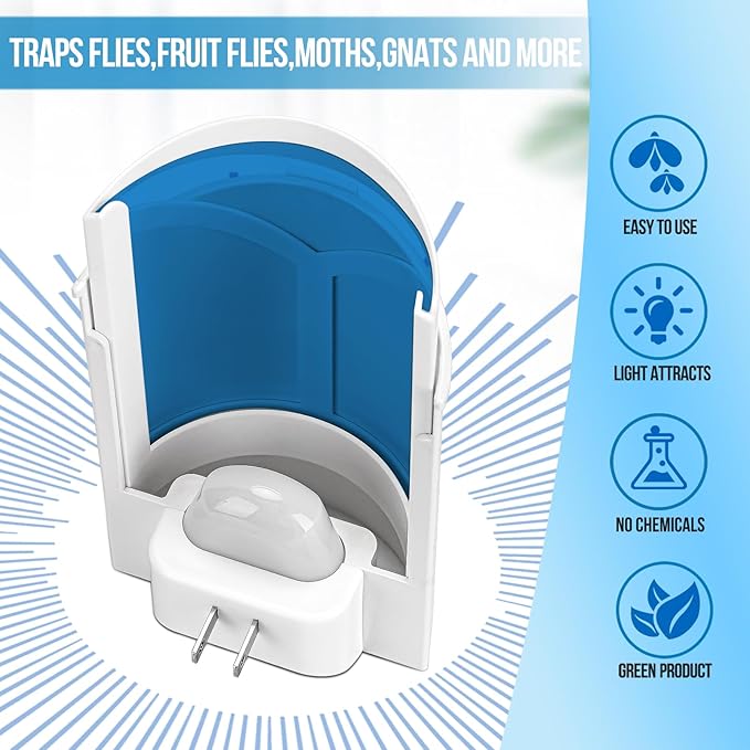 2 Pack Flying Insect Traps for Indoor Plug-in Bug Catcher for Flies Fruit Flies Gnats Moths Noiseless for Home 30-Day Glue Card Replaced (2 Devices &amp 8 Refills)