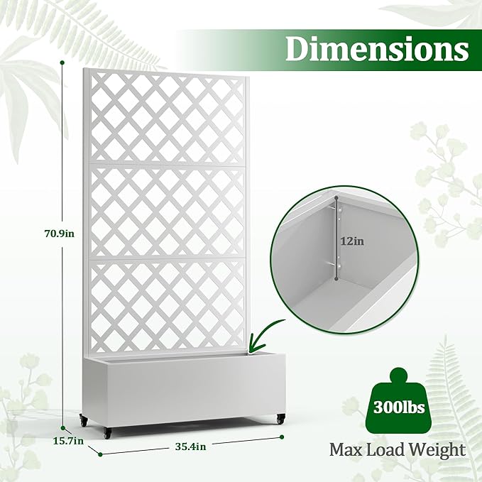 Metal Raised Garden Bed with Trellis and Wheels 2 in 1 Trellis with Planter Box &amp Privacy Screen for Climbing Plants Outdoor Standing Flower Beds with Drainage Holes 35.4L x 15.7W x 70.9H W