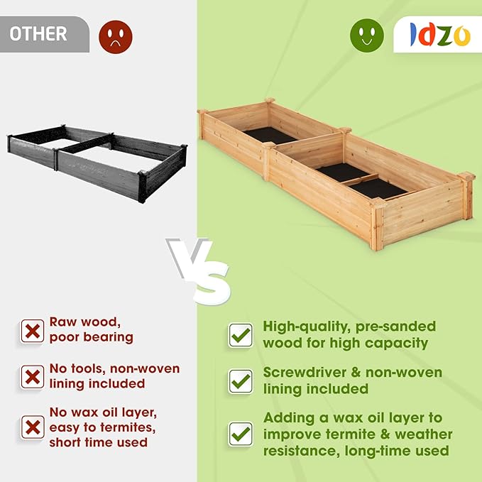 Idzo Raised Garden Bed Durable Garden Box with Wax Oil Coated 96 Inches Wood Planter with Non-Woven Lining Prevents Soil Moist One Divider Box Make Organizing Your Plant Crops Easier