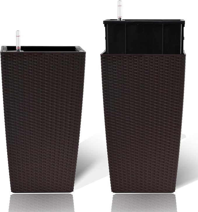 IndoorOutdoor Faux Rattan Square Planter 22.6 inch Brown Plastic Large Planter with Automatic Watering System for Home and G(Brown 22.6 inch 2 Pack)