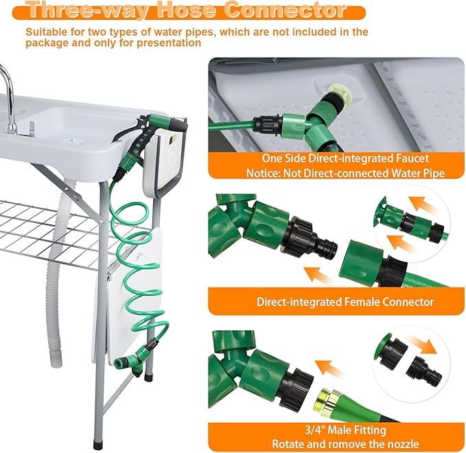 Fish Cleaning Table with 2 Sinks &amp Grid Rack - 42.5” Outdoor Fish Fillet Cleaning Station for Camping Patio Kitchen RV &amp Beach