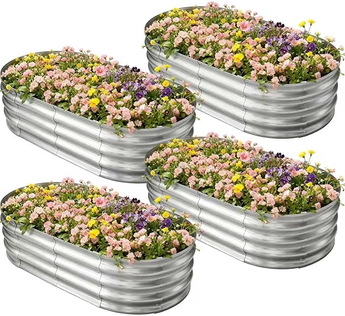 HGD Galvanized Raised Garden Bed Kit Galvanized Planter Garden Boxes Outdoor Oval Large Metal Raised Garden Beds for Vegetables &amp Flower (4 Pack)
