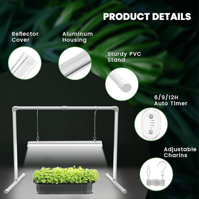 Wolezek Grow Lights for Seed Starting with 6/9/12H Timer 2ft T5 144 LEDs Full Spectrum Grow Light Seedling with Stand for Indoor Plants 32W High Output Seed Starter Light Kit Height Adjustable