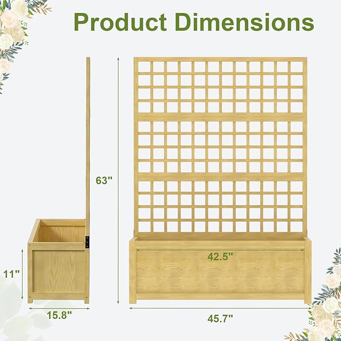 Raised Garden Bed with Trellis Freestanding Wood Planter Box w/Drainage Holes for Vine Climbing Plants Flowers Elevated Garden Box Outdoor Planter with Trellis for Patio Balcony