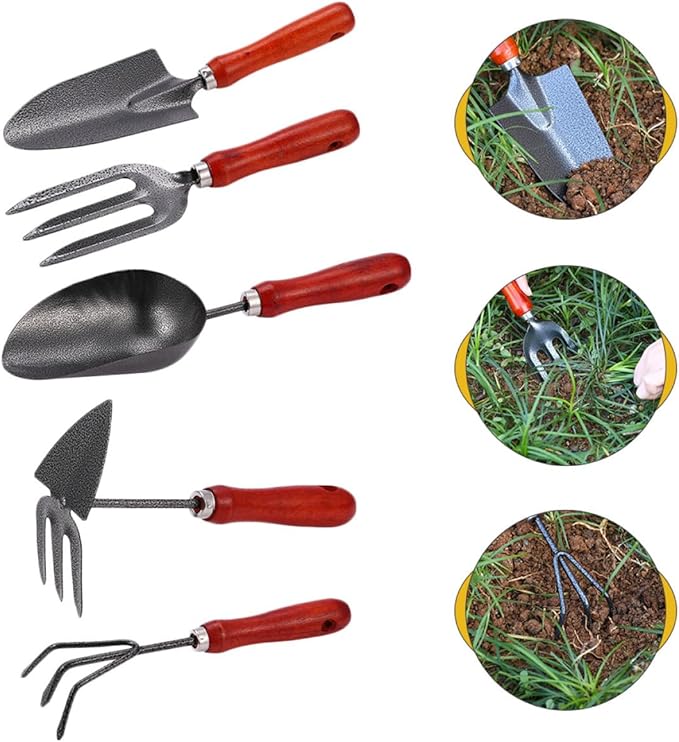 5pcs Gardening Tool Set with Handle Shovel and Garden Rake for Planting Digging and Weeding in Home Garden and Flower Beds