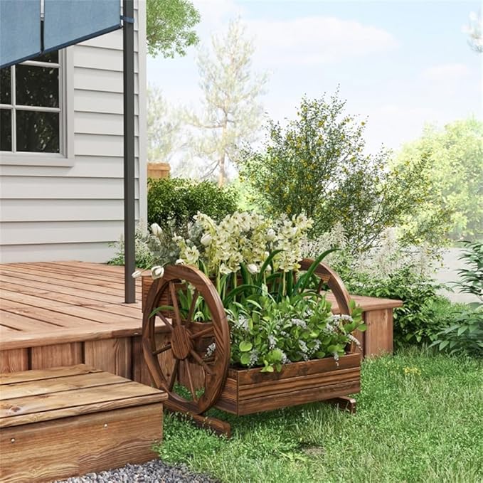 3-Tier Wooden Garden Bed with Wheels – Carbonized Fir Raised Flower Planter for Patio Balcony &amp Yard – Easy Assembly Vintage Style Garden Planter