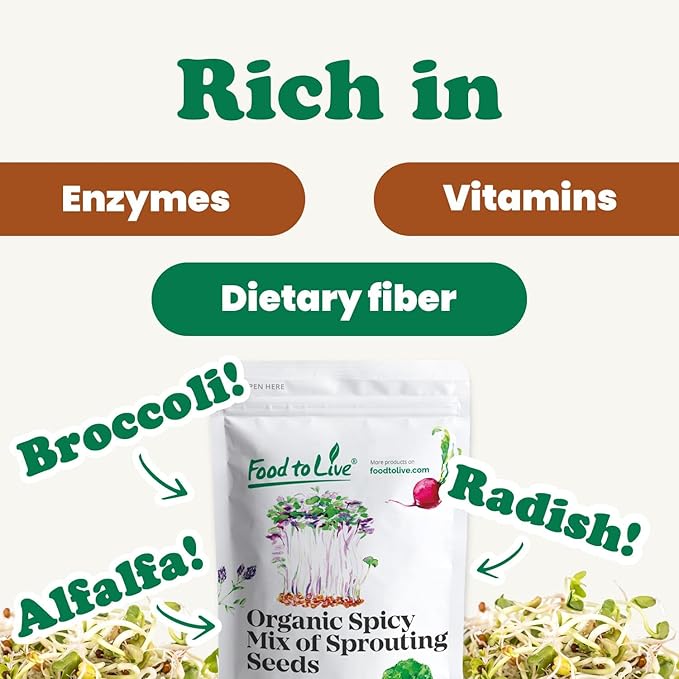 Food to Live Organic Spicy Mix of Sprouting Seeds 5 Pounds — Non-GMO Broccoli Radish Alfalfa Raw Rich Germination Rate Non-Irradiated Pure Kosher Vegan Superfood Bulk Rich in Sulforaphane