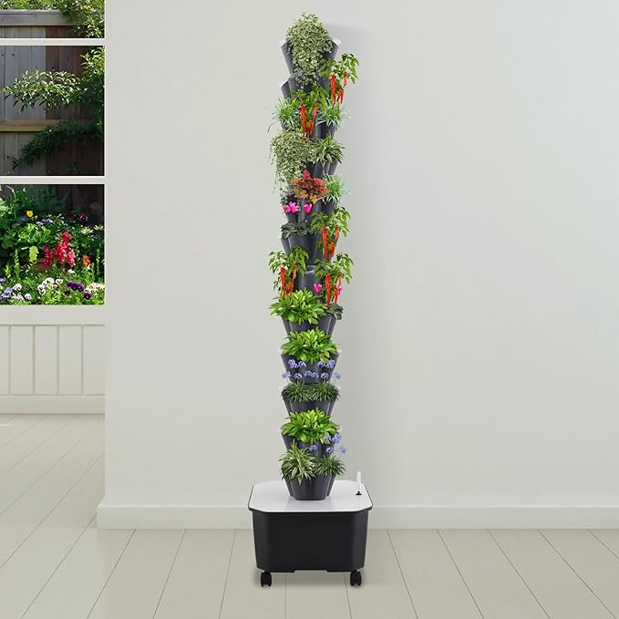 Hydroponic Growing Tower 12 Layer 60 Pods Vertical Garden Kit with Water Pump &amp 6.6Gal Water Tank Hydroponic Tower Growing System with 4 Wheels for Vegetables Strawberries Lettuce