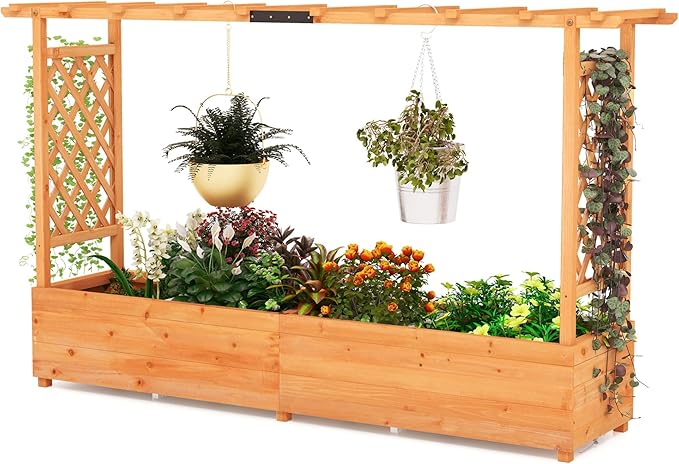 45-Inch Raised Garden Bed Wood Garden Freestanding Elevated Planter with Hanging Roof Drainage Holes for Vine Climbing Plants Flowers Planter Box with Trellis for Garden Patio Yard
