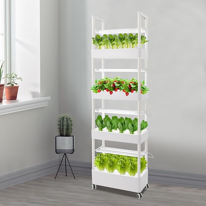 56 Pods Hydroponic Vertical Planter Hydroponic Growing Tower with LED Plant Grow Lights 4 Tiers Indoor Planting System Germination Kit w/Wheels for Vegetables Flowers Fruits