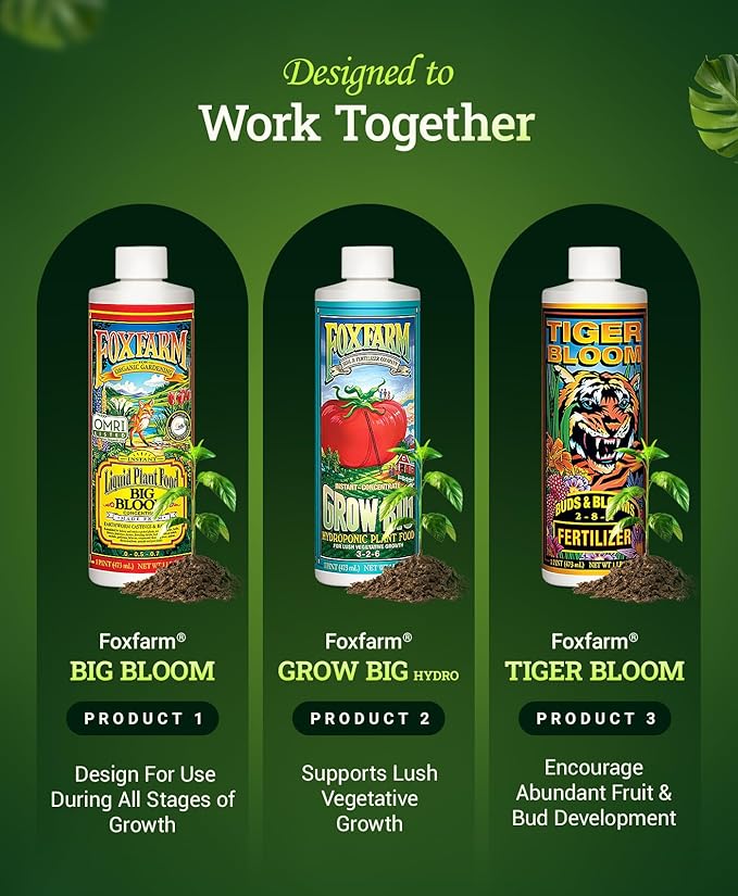 FoxFarm Hydro Liquid Trio Pack - Big Bloom Grow Big Tiger Bloom Fertilizers for Vigorous Plant Growth Bud Development &amp Abundant Fruit - Complete Hydroponic Plant Food Set - 3 Pint Bottles