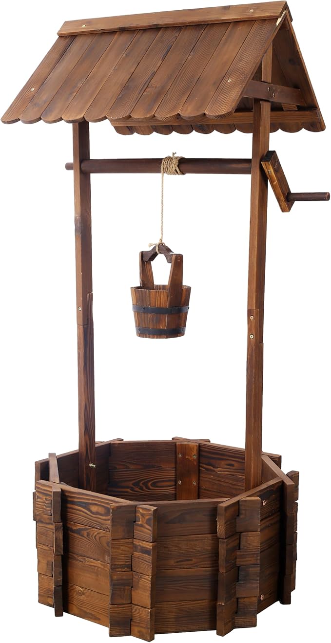 Rustic Wooden Wishing Well Planter Outdoor Home Décor for Patio Garden Yard wHanging Bucket
