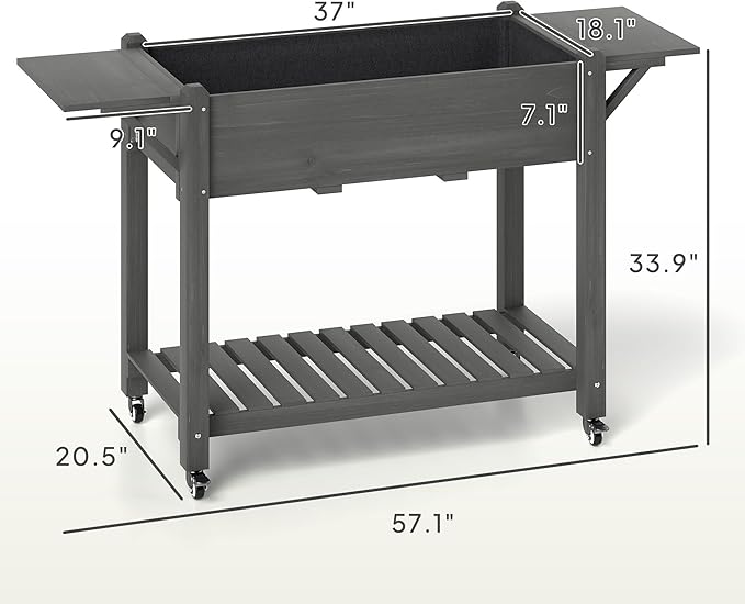 Wood Garden Bed Raised with Heavy-Duty Lockable Wheels Sturdy Side Tables Adjustable Bottom Shelf Professional Drainage Holes and Natural Gray Finish