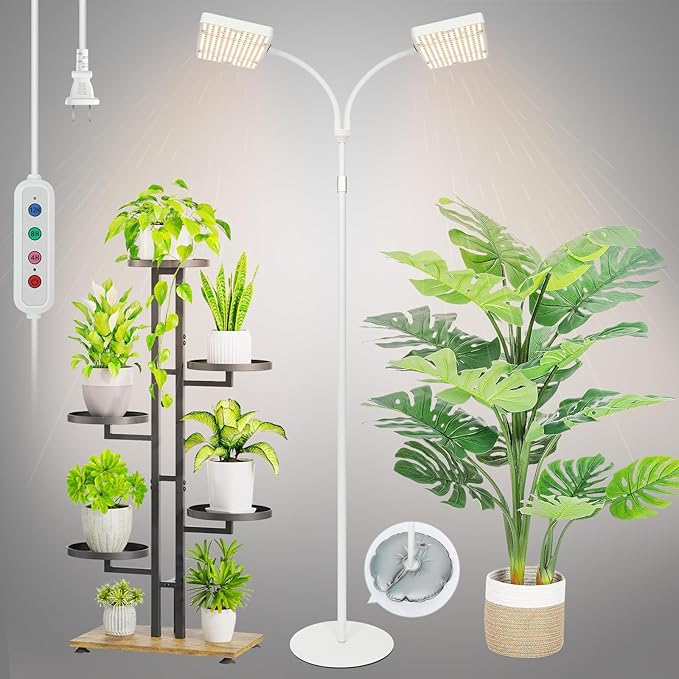 2Head Floor Lamp Grow Light Bright and Big Coverage Grow Light with Stand for Indoor Tall Plants Bonsai Tree 4/8/12/16/20H Timer 50 Watt Power Draw NO Need Adapter 24-76 Height