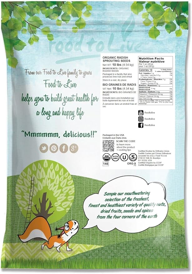 Food to Live Organic Radish Seeds for Sprouting 10 Pounds - Non-GMO Edible Seeds Vegan Kosher Bulk. Spicy Flavor. Rich in Vitamin C. High Germitation Rate. Grow Sprouts Microgreens for Rolls.