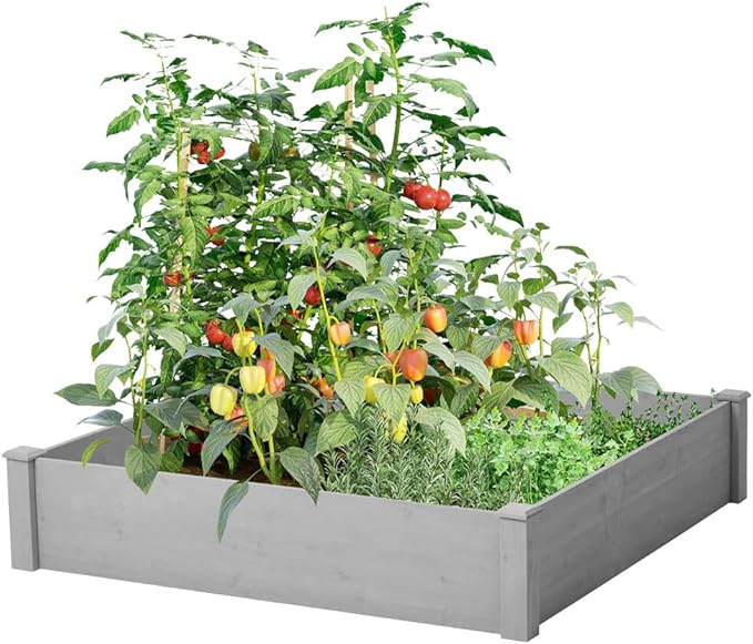 Raised Garden Bed 48x48x10'' Outdoor Wooden Planting Bed Over Floor for Vegetables Gardening Flowers Planter Raised Bed Box Tool-Free Assembly