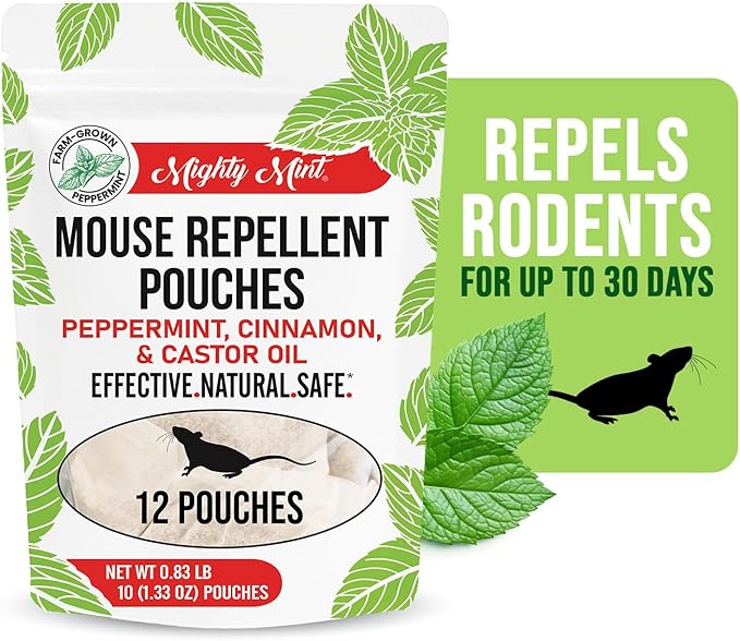 Mighty Mint Mouse Repellent Pouches – Peppermint Castor Oil &amp Cinnamon Formula – Natural Indoor Deterrent for Mice and Rodents – Plant-Based Long-Lasting Protection – 12 Count