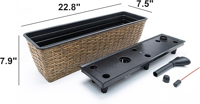 2 Pack Smart Self Watering Rectangle Planter for Indoor and Outdoor Hand Woven Wicker Brown