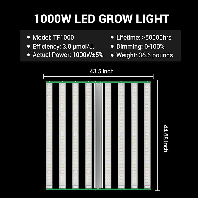 RDJ Bouns 1000W LED Grow Light Coverage 5x5 or 6x6 Tent with 8 Bar Style Grow Lights 3408 LED Beads Daisy Chain Dimmable High Brightness Perfect Commercial Grow Quality Indoors Plants