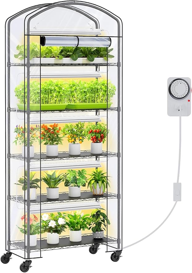 Small Indoor Greenhouse with Grow Light &amp PVC Cover Portable Mini Greenhouse Tent Shelves Adjustable 5 Tier Metal Plant Stand with Grow Light for Indoor Plants Seed Starting 29.5x13.7x71