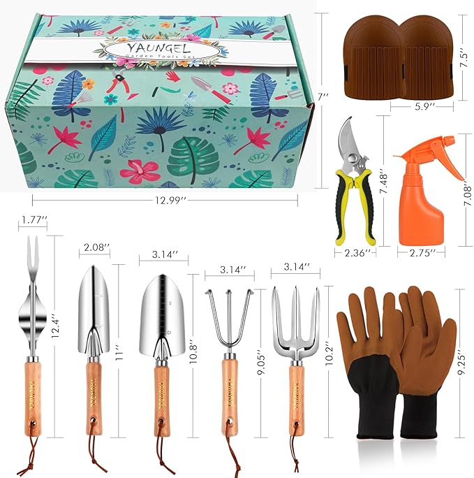 Gardening Tools - YAUNGEL 10 Pcs Garden Tool Set Heavy Duty Stainless Steel Gardening Supplies Hand Tools with Wooden Handle Storage Tote Bag Ideal Garden Gifts for Women and Men Pink