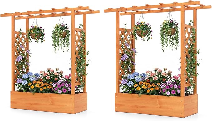 S AFSTAR Raised Garden Bed with Trellis 2 Pieces Fir Wood Planter Box with Flat Roof &amp Drainage Holes Vertical Planter Raised Bed for Climbing Plants Flowers &amp Vegetables 43 x 14 x 45 (