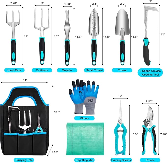 Garden Tool Set with Non Slip Rubber Grip11 Piece Stainless Steel Gardening Tool SetsHeavy Duty Outdoor Hand Tools KitDurable Tote BagRepotting matUprooting Weeding ToolIdeal Gifts for Women Men
