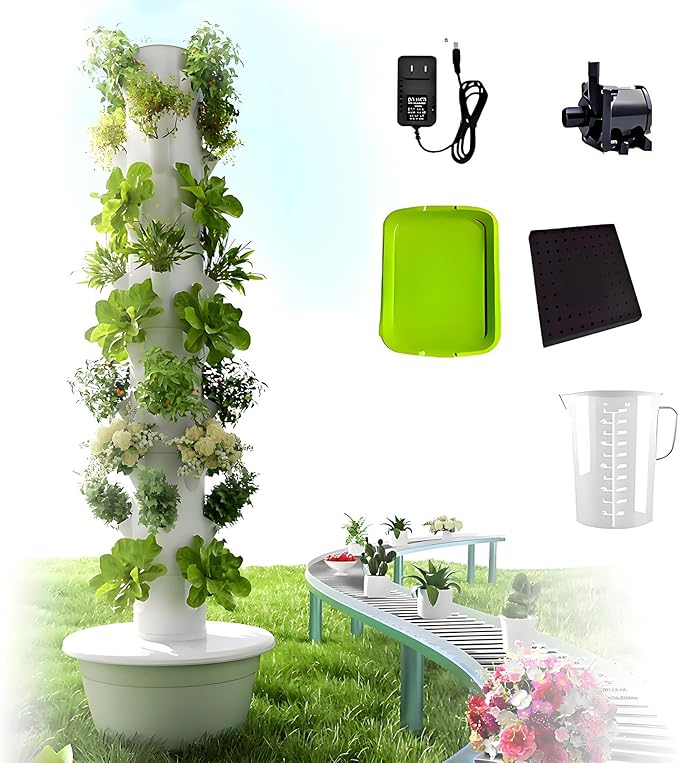 Hydroponic Tower Garden Hydroponic Growing System Vertical Tower with Hydrating Pump and Movable Water Tank for Indoor Herbs Fruits and Vegetables Gardening Lover Green-9Layer
