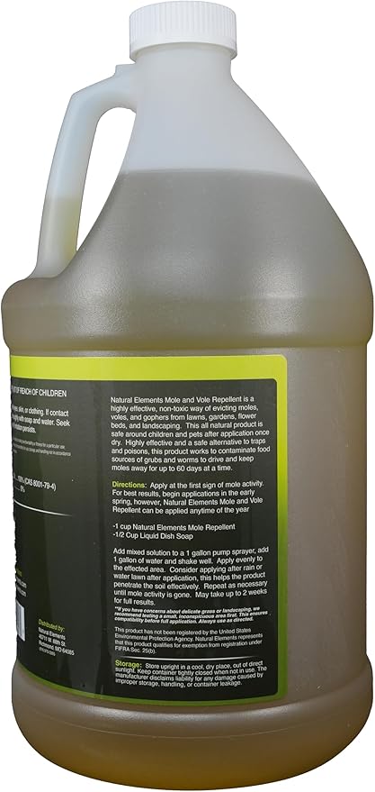 Natural Elements Mole and Vole Repellent – 100% Castor Oil Formula – Lawn and Yard Treatment – Covers Large Areas – 128 oz (1 Gallon)