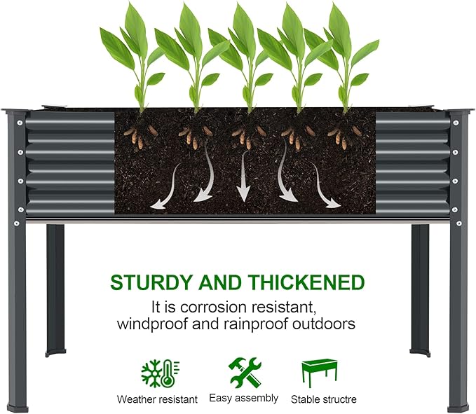 Land Guard Galvanized Raised Garden Bed with Legs 48×24×32in Large Metal Elevated Raised Planter Box with Drainage Holes for Backyard Patio Balcony 700lb Capacity(Grey)……