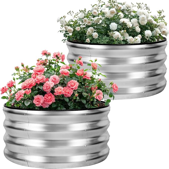 Galvanized Raised Garden Bed- 2Pcs Metal Planter Boxes Outdoor | 12 Tall 24 Round Steel Raised Bed Kit &amp Fire Pit Ring for Gardening with Protective Tape for Vegetables Flower (Sliver)