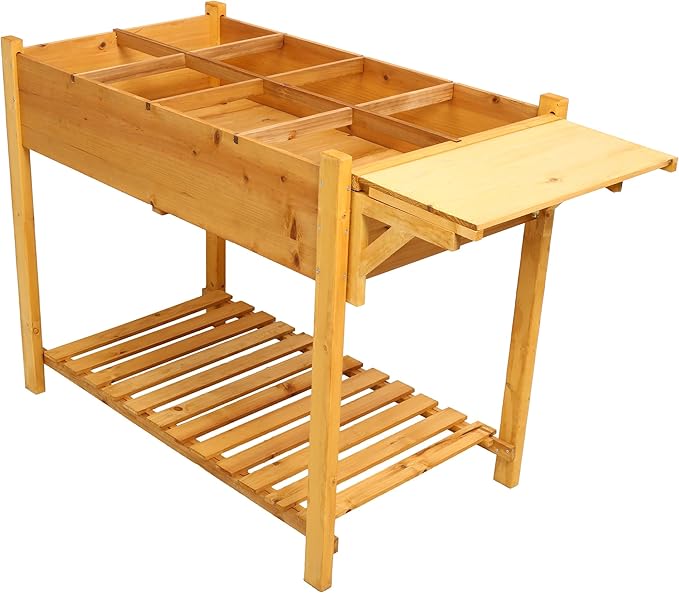 8-Pocket Elevated Wooden Raised Garden Bed - Foldable Side Table Storage Shelf for Herbs Vegetables Flowers