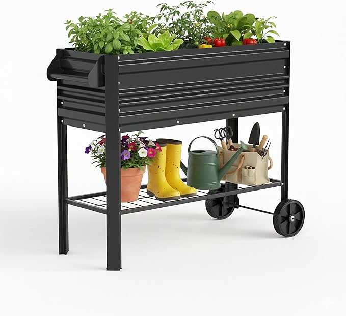 WORKPRO Galvanized Raised Garden Bed with Legs &amp Wheels 37x14.6x31.6in 400LB Capacity Elevated Planter Box for Garden Backyard Patio &amp Deck Black