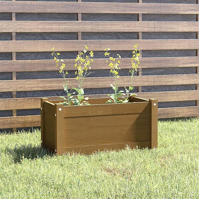 Honey Brown Solid Pinewood Garden Planter 23.6 Inch Durable Rectangular Outdoor Raised Bed for Flowers Vegetables Herbs Terrace &amp Backyard
