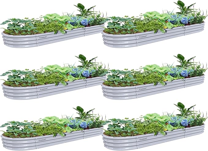 6 Pack 12x2x1FT Galvanized Raised Garden Bed Kit Oval Metal Ground Planter Box Outdoor Bottomless Planter Raised Beds for Vegetables Flowers Herbs Fruits Gray