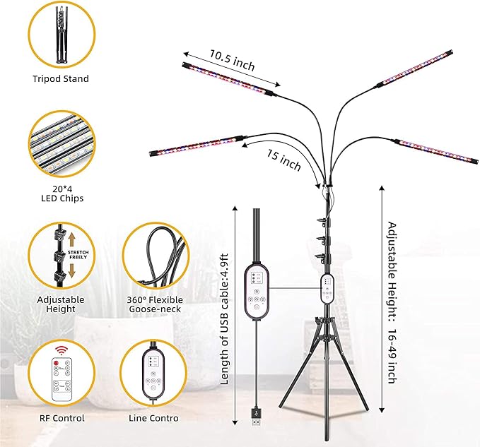 DOOK Grow Light with Stand Full Spectrum Plant Grow Lights for Indoor Plants 3 Switch Modes 10 Dimmable Levels Adjustable Tripod Stand &amp Gooseneck Auto On/Off Timer