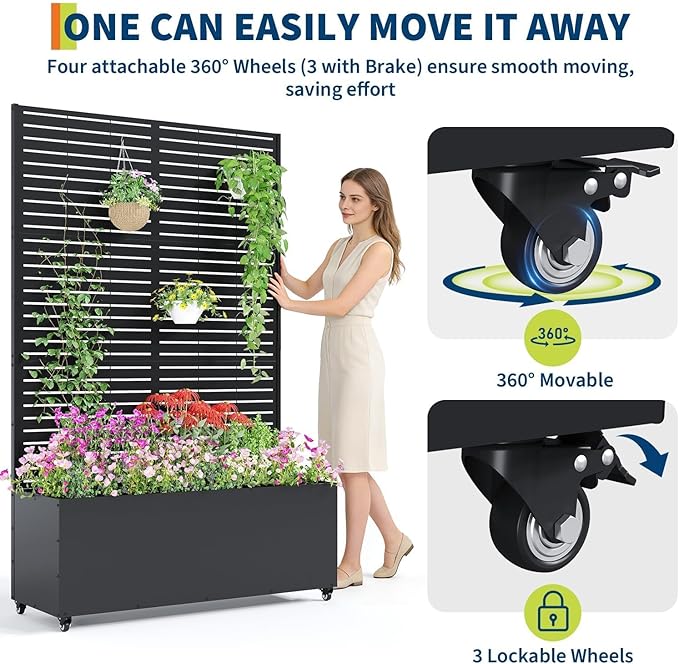 Garvee Metal Raised Garden Bed with Trellis and Wheels 71x47x16 Metal Planter Box with Trellis Privacy Screen for Climbing Plants Vegetable Vines Drainage Holes 15.8 Deep Planting BedBlack