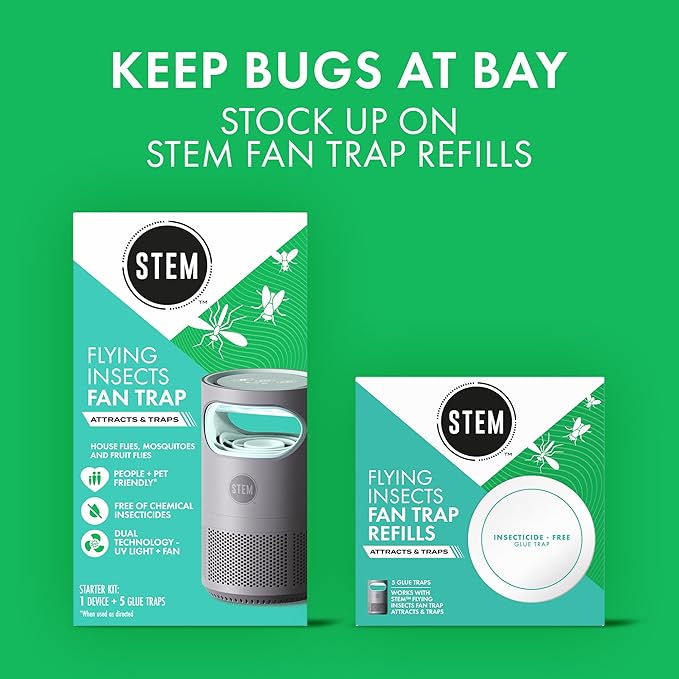 STEM Flying Insect Fan Trap for Indoor Bug Control Attracts Mosquitoes Fruit Flies and House Flies Plug-in Fan with UV Light Starter Kit Includes 2 Devices and 10 Glue Traps